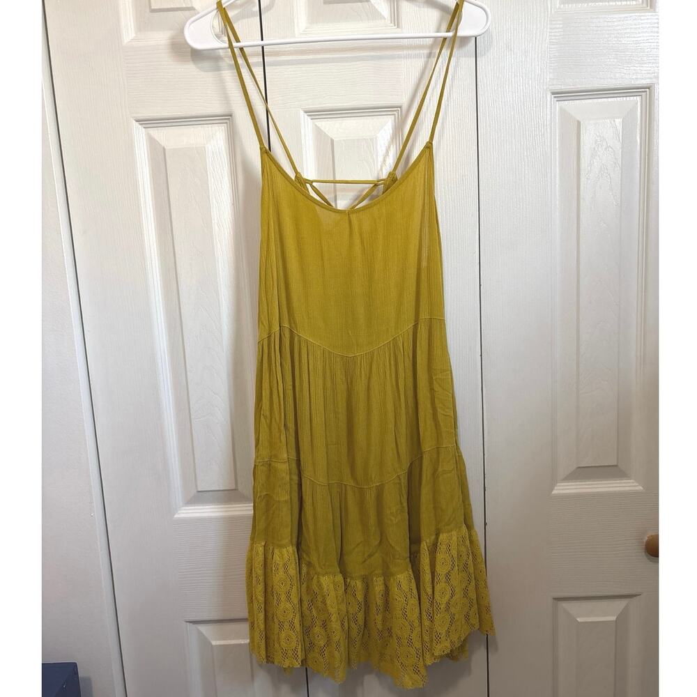 Umgee Yellow Crepe Tiered Strappy Boho Mini Dress Size Large